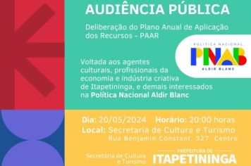 Secretaria de Cultura realiza Audiência Pública sobre Aplicação dos recursos da Política Nacional Aldir Blanc 2024 no dia 20 de maio