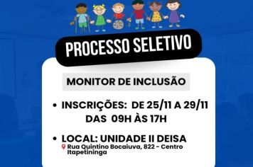Processo seletivo simplificado para contratação de Monitores de Inclusão em Itapetininga