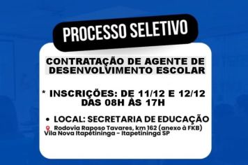 Secretaria de Educação abre Processo seletivo simplificado para contratação de Agente de Desenvolvimento Escolar em Itapetininga