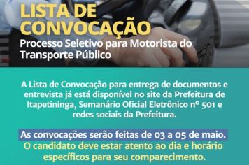 Prefeitura de Itapetininga divulga Lista de Convocação do Processo Seletivo para contratação de motoristas do transporte público