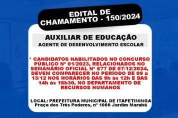 Secretaria de Educação convoca habilitados do concurso 01/2023 para Auxiliar de Educação e Agente de Desenvolvimento Escolar, em Itapetininga