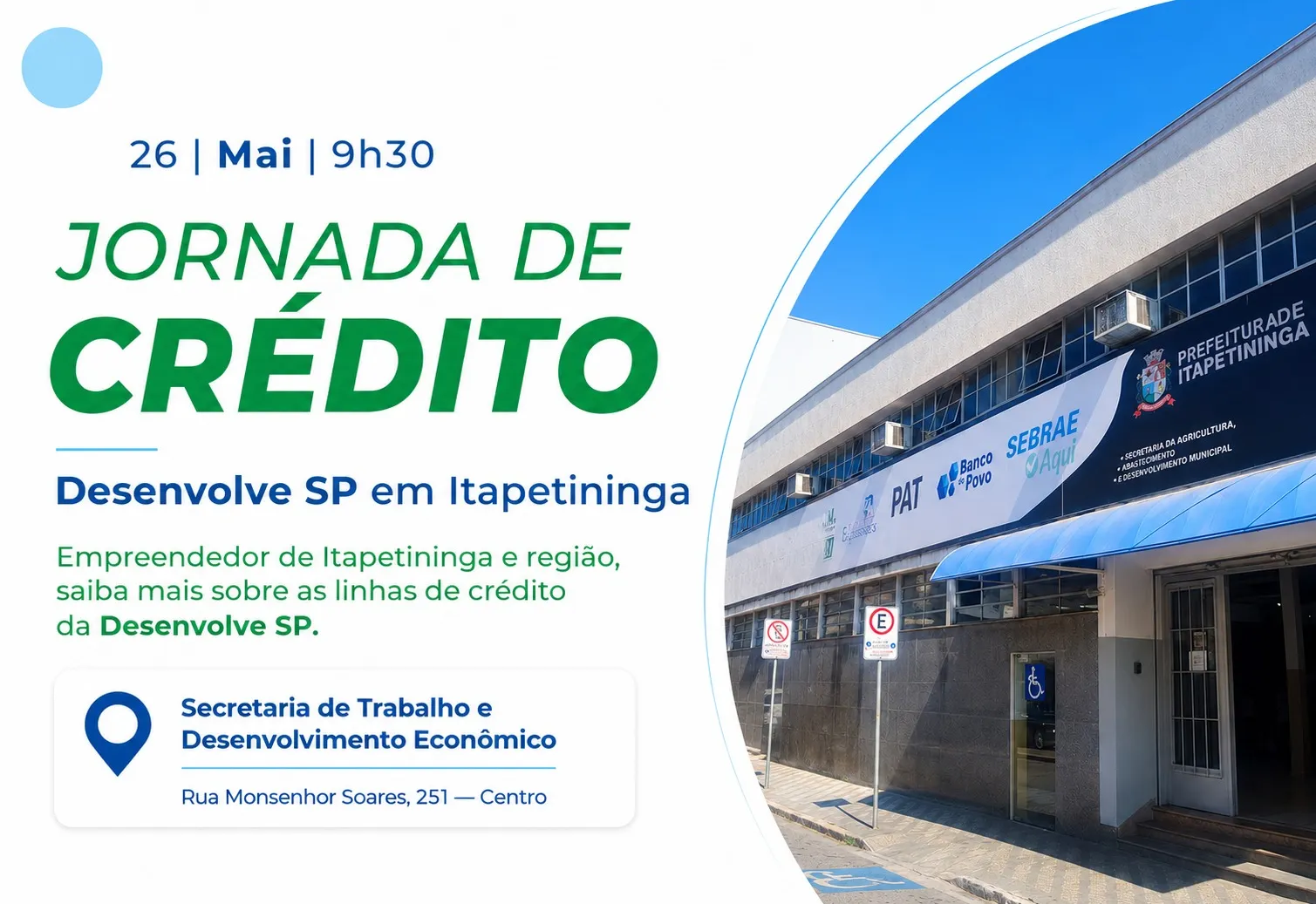 “Jornada de Crédito” para empreendedores de Itapetininga e regão será realizada nesta terça, dia 26