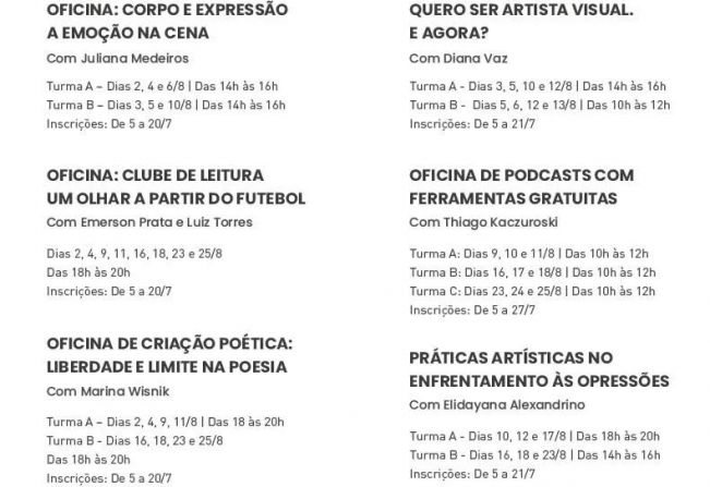 Oficinas Culturais online para o mês de agosto “Formação para o Interior” estão com inscrições abertas para Itapetininga