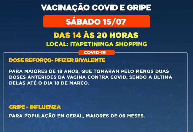 Itapetininga realiza mutirão de vacinação contra a Covid e Gripe no Shopping neste sábado, 15 de julho