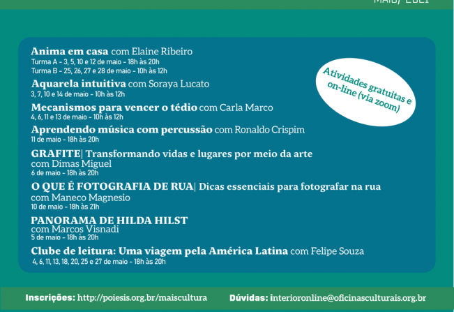 Ciclo de Oficinas Culturais on-line e de graça tem início no mês de maio