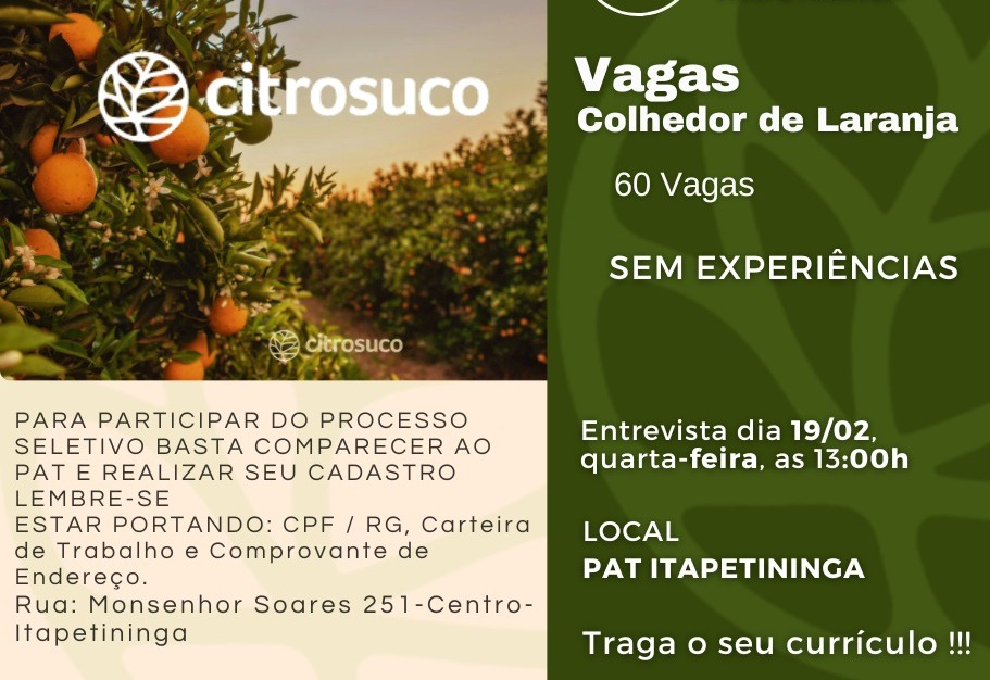 PAT de Itapetininga tem 60 vagas para colhedor de laranja sem necessidade de experiência