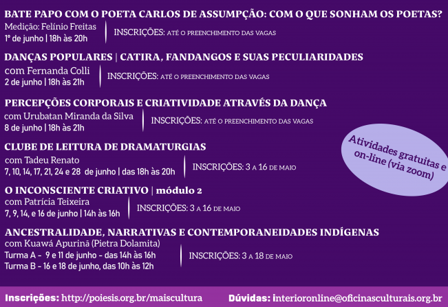Oficinas culturais gratuitas e on-line têm inscrições abertas em Itapetininga