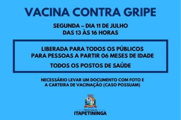 Itapetininga libera vacina contra a Gripe para todos os públicos e intensifica vacinação em todos os postos de saúde na próxima segunda (11)